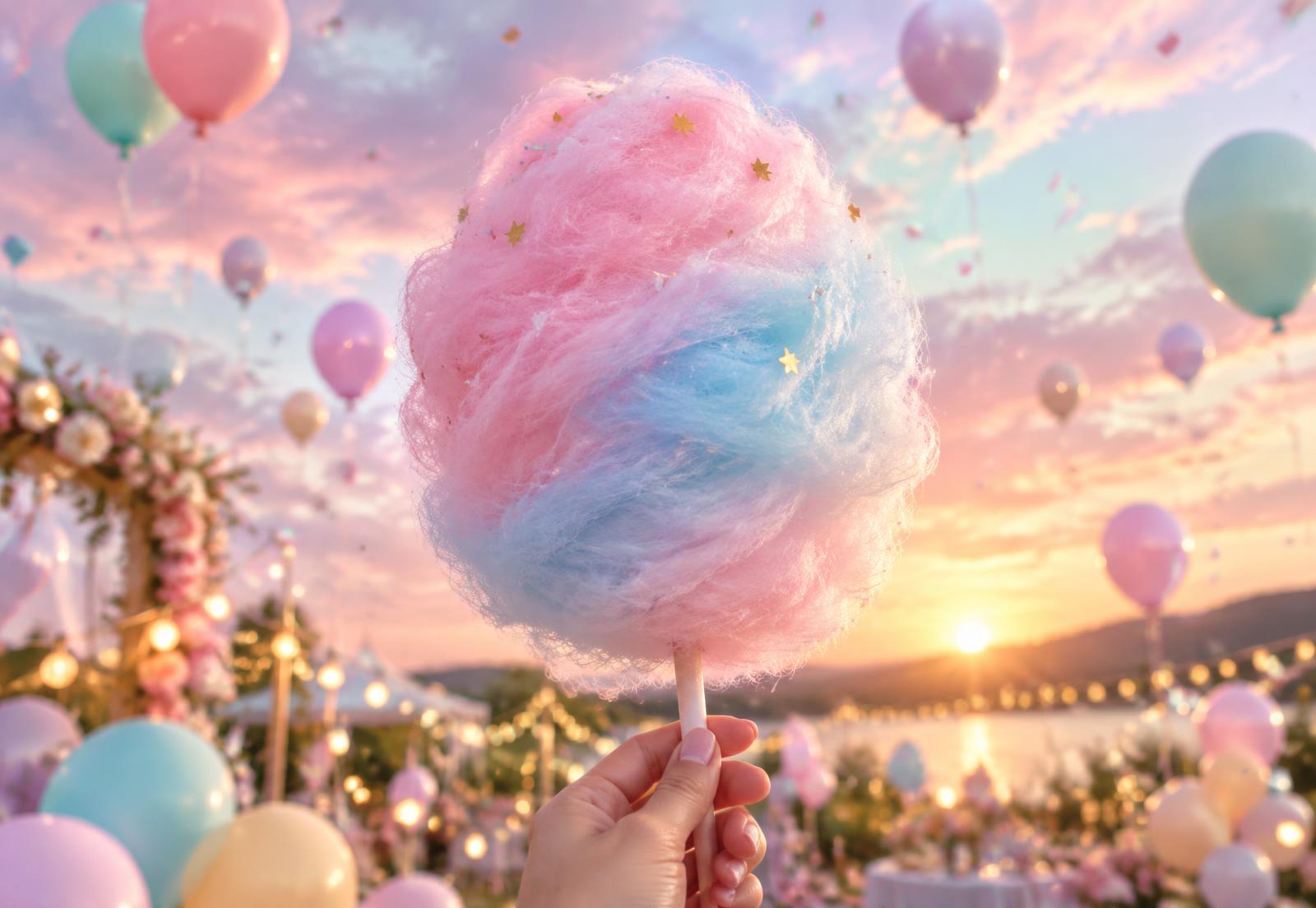 Giant fluffy pink and blue candy floss held up against a pastel sky with balloons and sparkles
